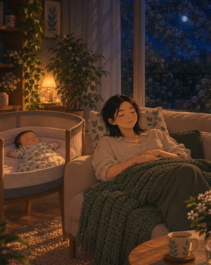 A mother rests on the sofa while her baby sleeps in a bassinet beside her, in lamplight at night