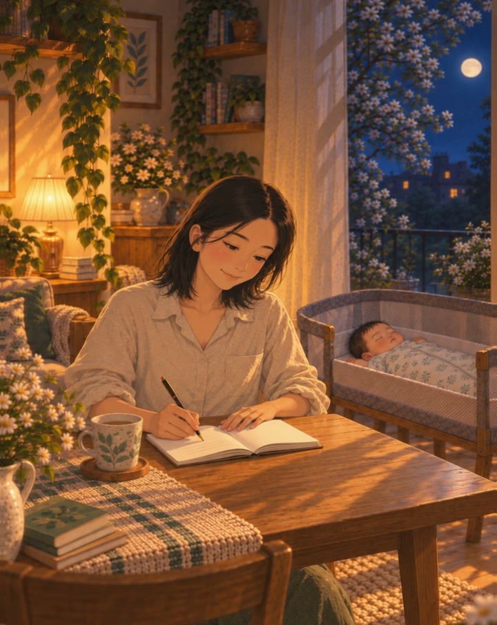 A mother writes in a notebook at the table while her baby sleeps nearby, in lamplight at night