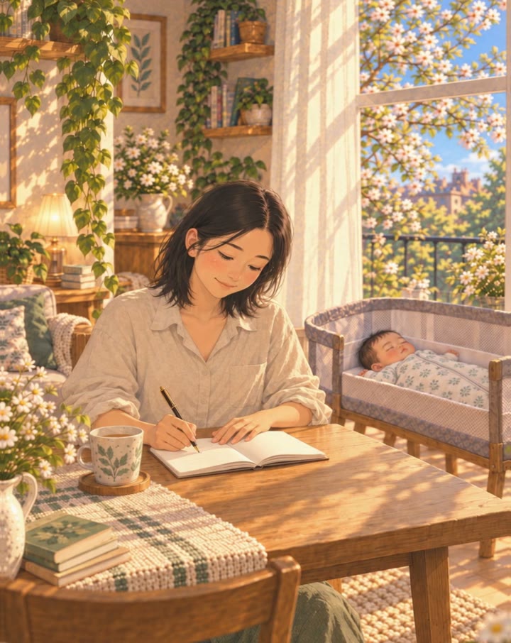 A mother writes in a notebook at the table while her baby sleeps nearby