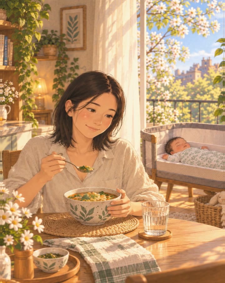 A mother eats a bowl of soup while her baby sleeps nearby