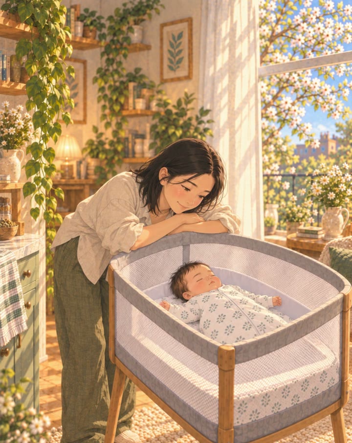 A mother leans on the bassinet and watches her baby sleep