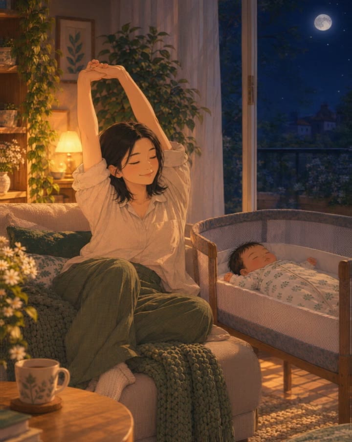 A mother stretches her arms on the sofa while her baby sleeps nearby, in lamplight at night